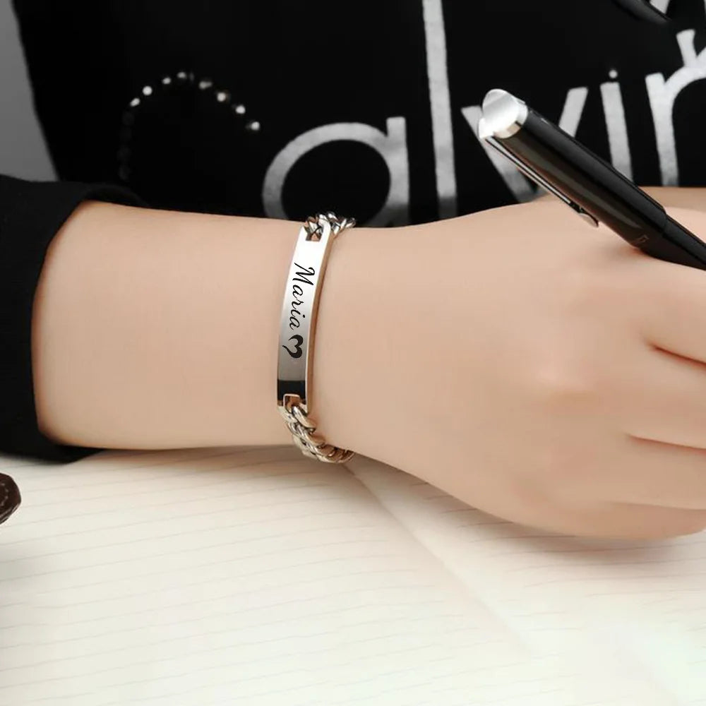 Couples DIY Stainless Steel Smooth Curved ID Bracelet Lase