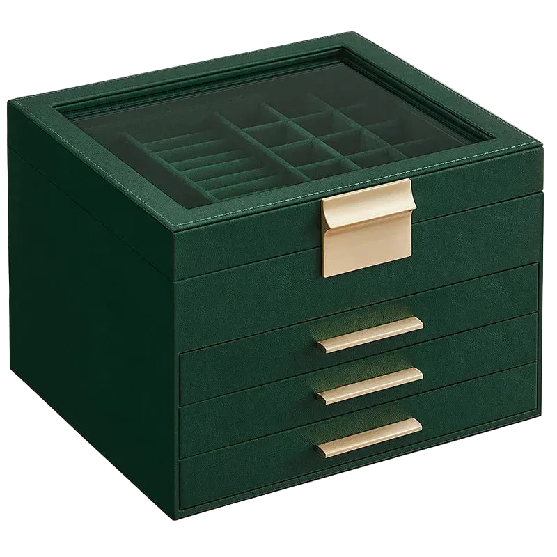 Jewelry Storage Box Glass Cover Three layer Velvet PU Leather
