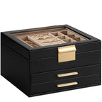 Jewelry Storage Box Glass Cover Three layer Velvet PU Leather
