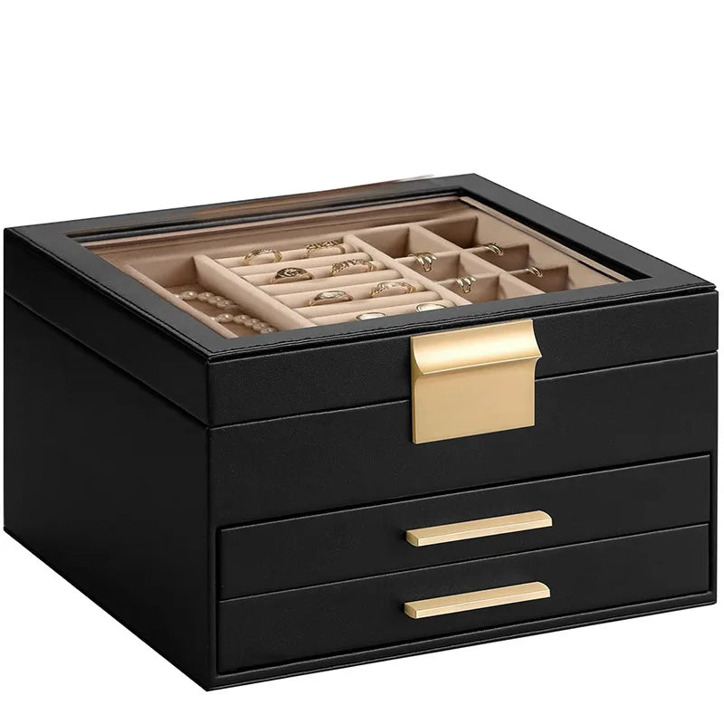 Jewelry Storage Box Glass Cover Three layer Velvet PU Leather