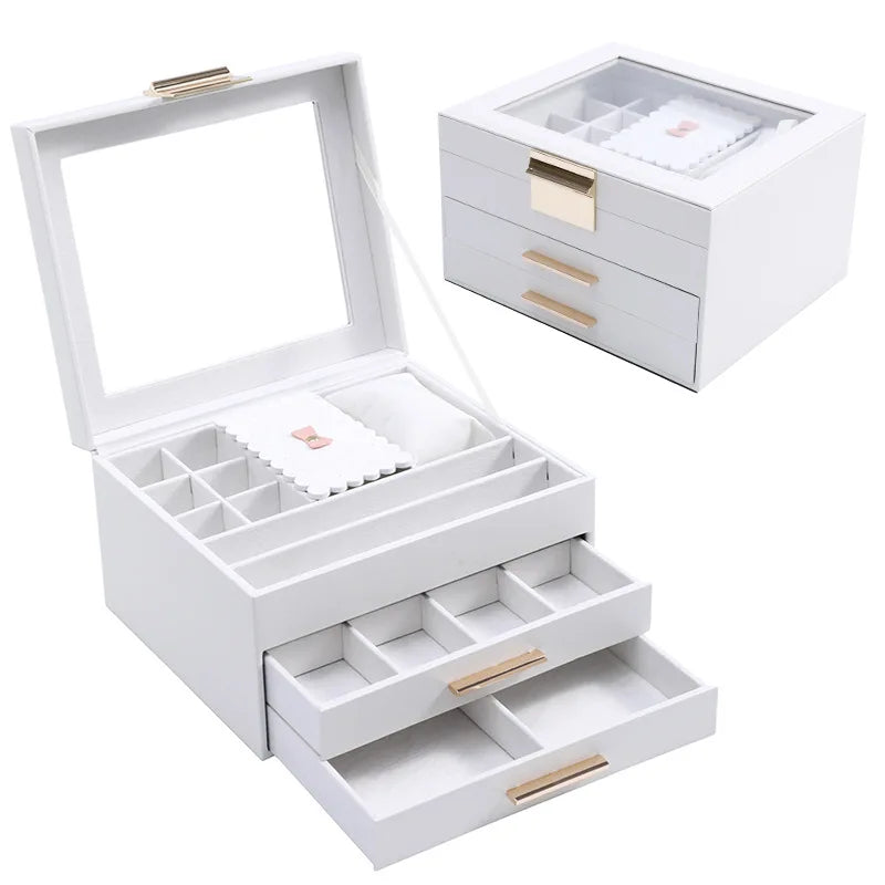 Jewelry Storage Box Glass Cover Three layer Velvet PU Leather