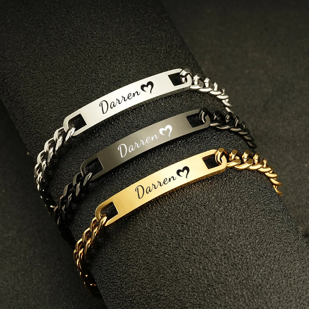Couples DIY Stainless Steel Smooth Curved ID Bracelet Lase