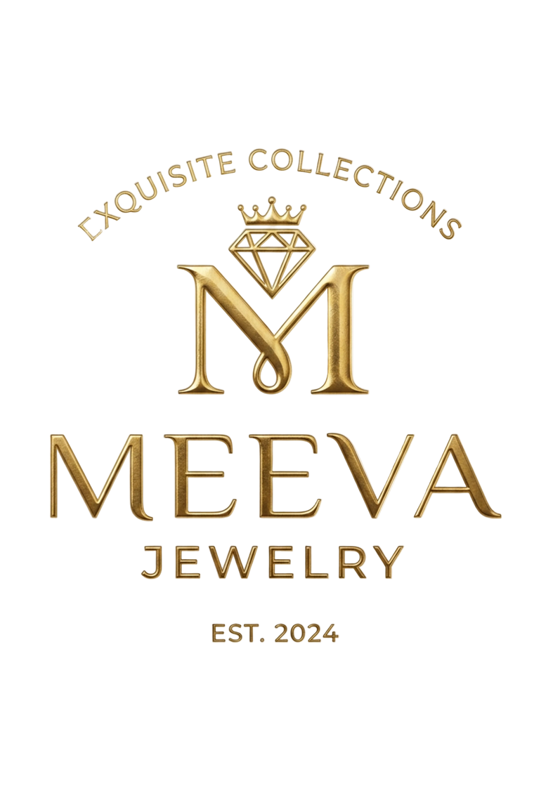 Meeva Jewelry logo with gold lettering on a white background