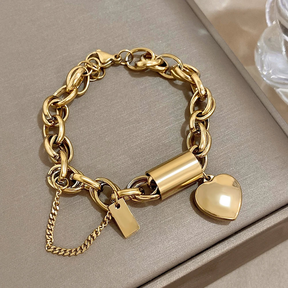 Heart Lock Stainless Steel Charm Bracelet Chunky