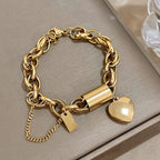 Heart Lock Stainless Steel Charm Bracelet Chunky