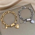 Heart Lock Stainless Steel Charm Bracelet Chunky