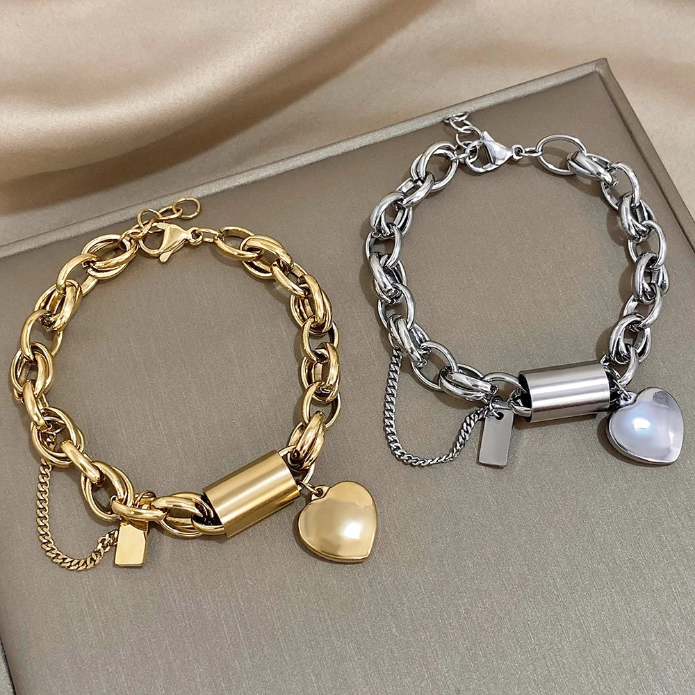 Heart Lock Stainless Steel Charm Bracelet Chunky