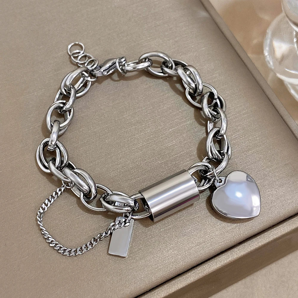 Heart Lock Stainless Steel Charm Bracelet Chunky