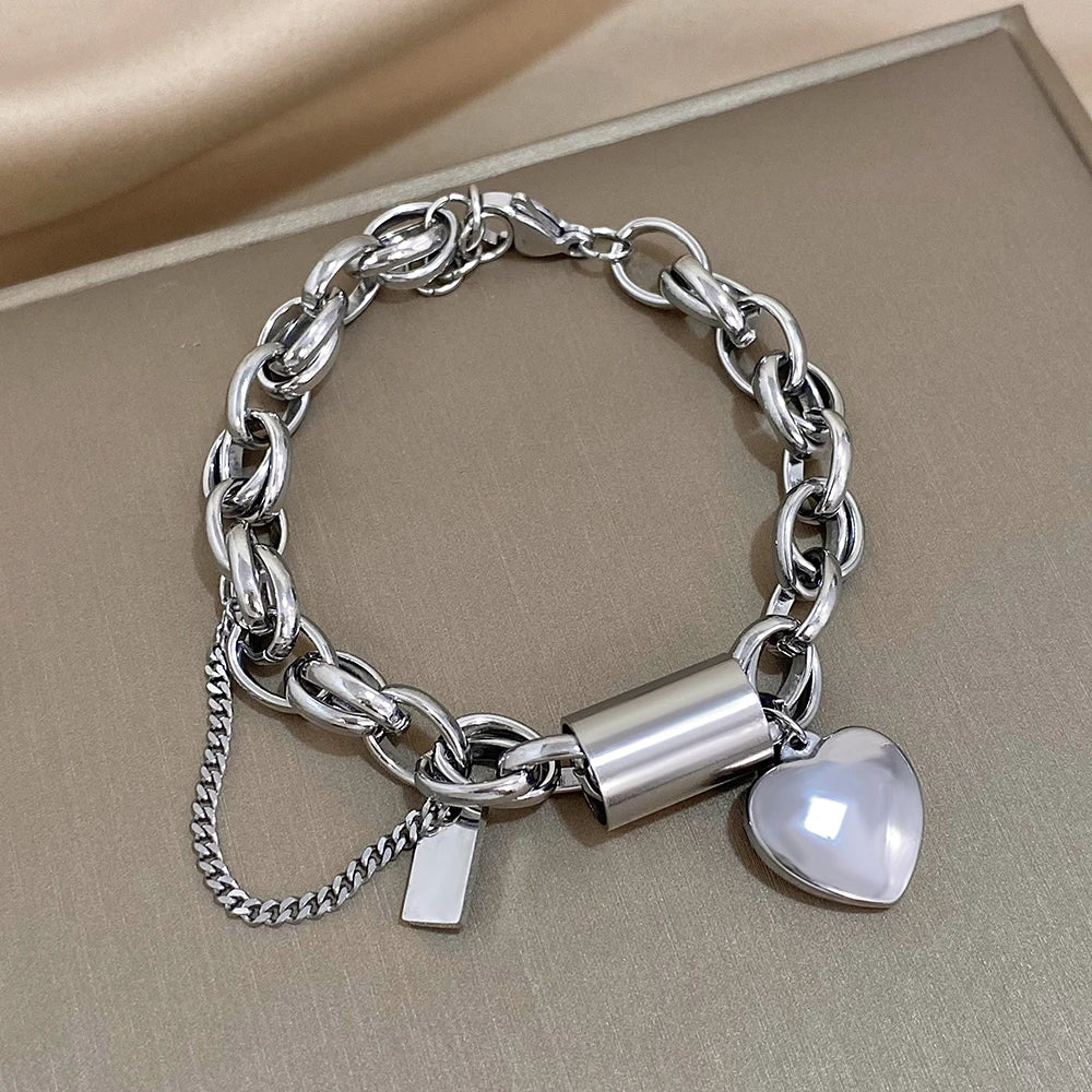 Heart Lock Stainless Steel Charm Bracelet Chunky
