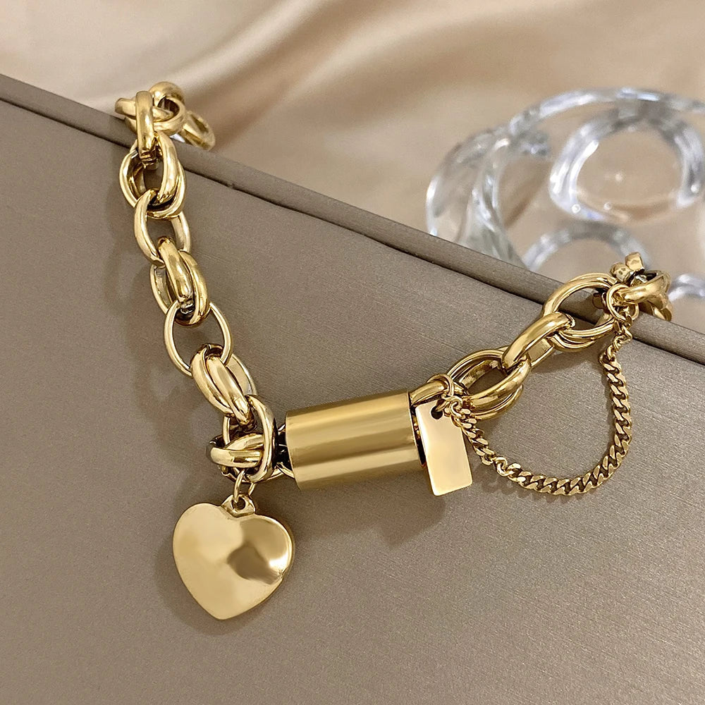 Heart Lock Stainless Steel Charm Bracelet Chunky