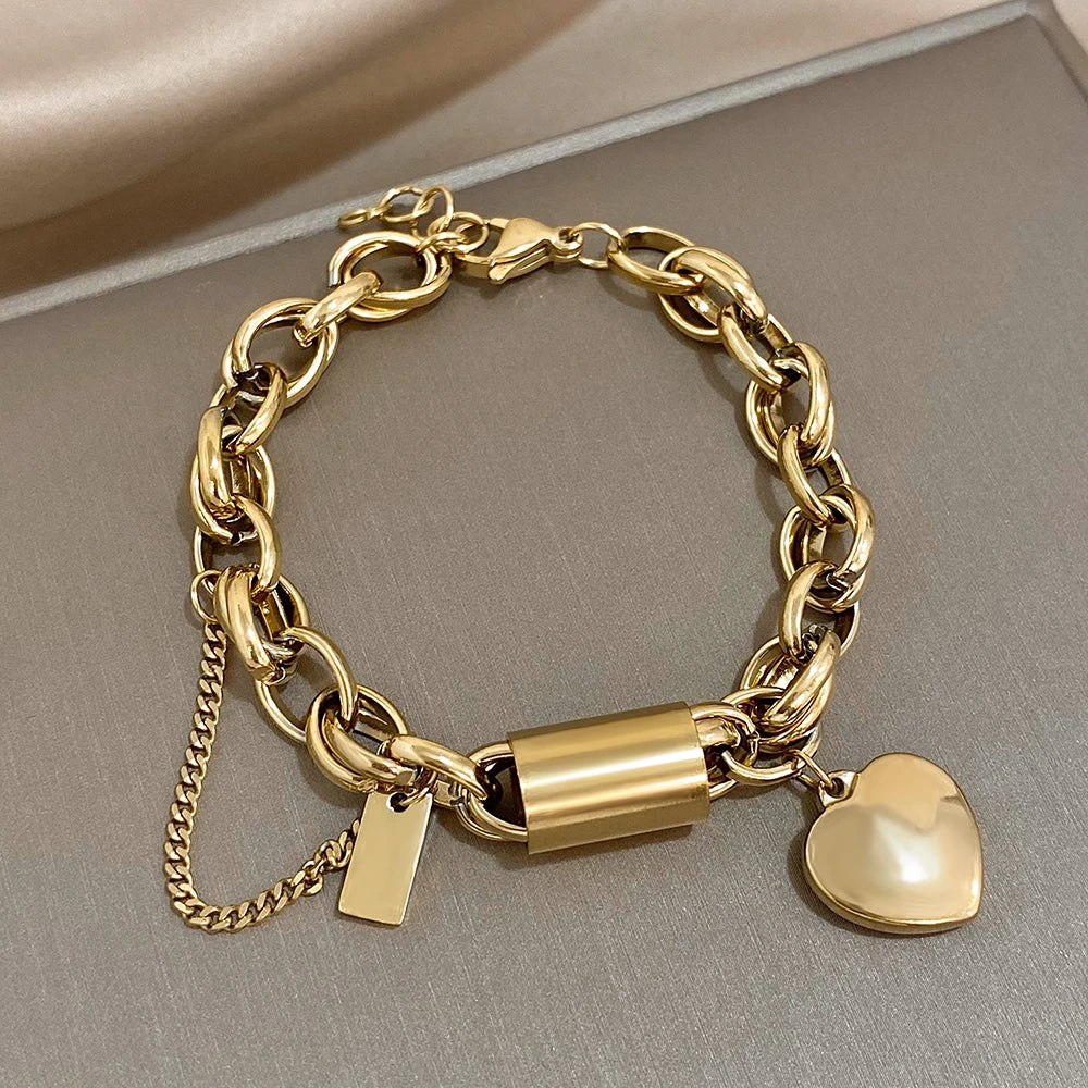 Heart Lock Stainless Steel Charm Bracelet Chunky